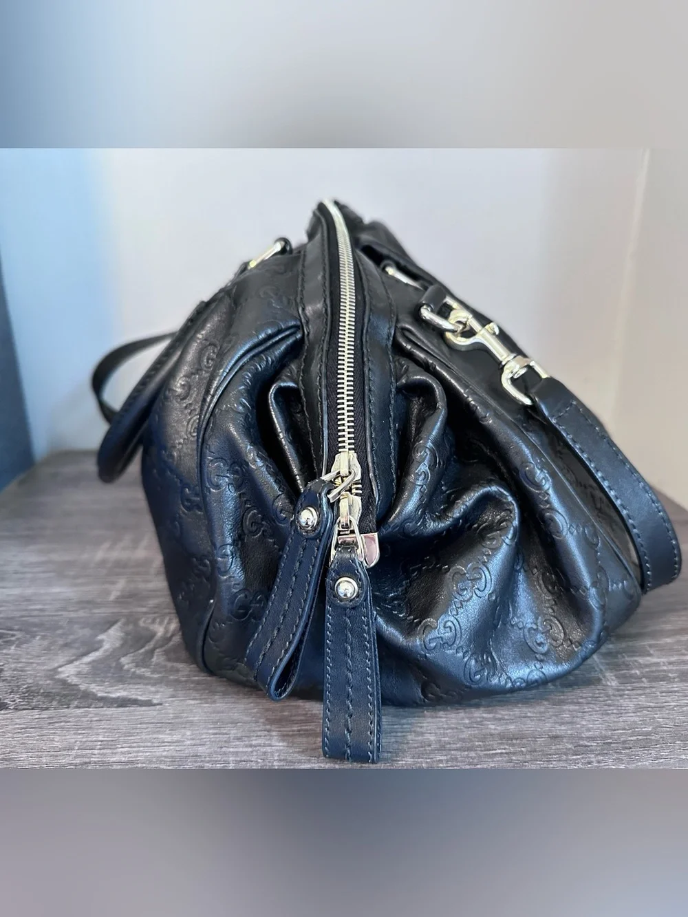 Gucci Black Embossed Leather Small Sukey Boston Shoulder Bag w/ Crossbody Strap